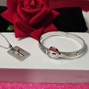 Silver Heart Lovers Lock Bracelet Necklace Set Lock & Key Bangle Love Gift Set